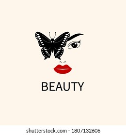 Beauty logo with face and butterfly. Beautiful girl icon. Fashion print. Vector illustration