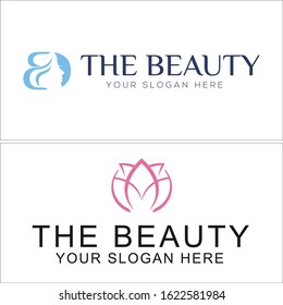 The Beauty Logo With Face Woman Hair Head Blue And Floral Lotus Pink Line Vector Suitable For Spa Aesthetics Treatment Clinic Cosmetics Skin Care Brand Product