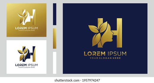 Beauty logo initial letter H with golden style color and leaf. Natural beauty logo template Premium Vector