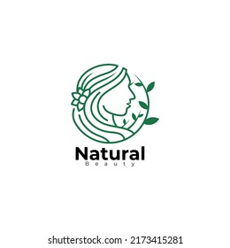 Beauty logo with nature design template, girl and leaf icons