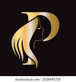 Beauty Logo On Letter P Concept With Woman Face Symbol. Fashion Logotype. Spa Logo Design