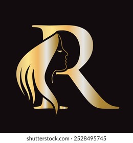 Beauty Logo On Letter R Concept With Woman Face Symbol. Fashion Logotype. Spa Logo Design