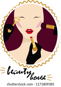 Beauty logo poster with hands putting make-up on a model face with bright red lips, can be used as a banner with gold frame and lettering, isolated on white background