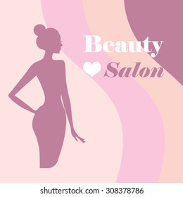 Beauty logo template. Background with beautiful woman silhouette.  fashion model vector illustration. Card for beauty salon.