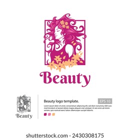 Beauty logo template with a girl shaped by negative space and with a hair silhouette for your make up product.
