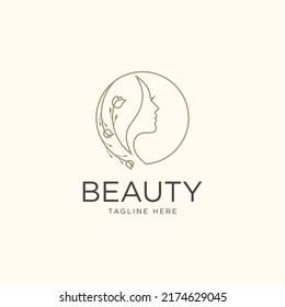 Beauty logo with woman in circle linear style design template, vector illustration