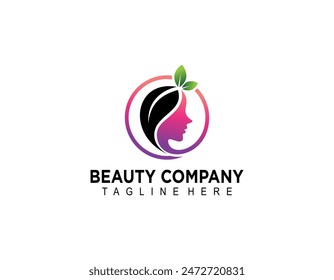 Beauty-Logo mit Frauenkopf im Kreis und Blatt-Blumen-Design-Vektorgrafik