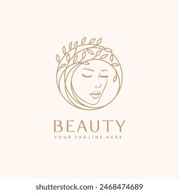 beauty logo with woman inside leaf circle style, Feel to nature organic