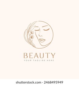 beauty logo with woman inside leaf circle style, feel to nature organic