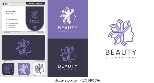 Beauty logo for woman with line art style and business card design template, leaf, woman, beauty, face, line art, Premium Design