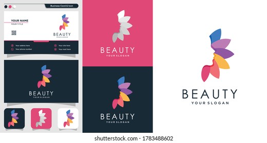 Logo de belleza para mujer con estilo único y plantilla de diseño de tarjeta de visita, hoja, mujer, belleza, cara, hoja, moderno, diseño premium