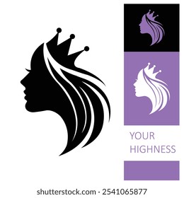 Beauty long hair woman with a crown logo silhouette vector