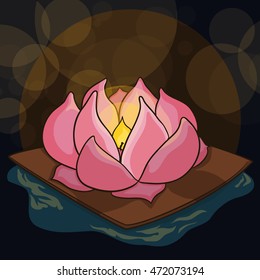 Beauty lotus floating in the river of souls guide the ancestors spirits in the last day of Hungry Ghost Festival.