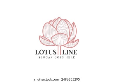 Flores de loto de la belleza y logotipo. Elementos botánicos de moda. Línea dibujada a mano deja ramas y flores. Boda Guardar de flores silvestres elegantes para la invitación. Vector verde de moda