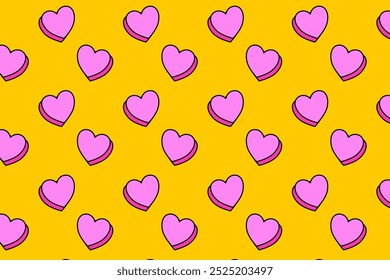 belleza amor 3D forma patrón colorido sobre fondo amarillo. Doodle corazón amor objeto símbolo patrón transparente de fondo. forma de amor divertido patrón transparente para la decoración y la Mercancía