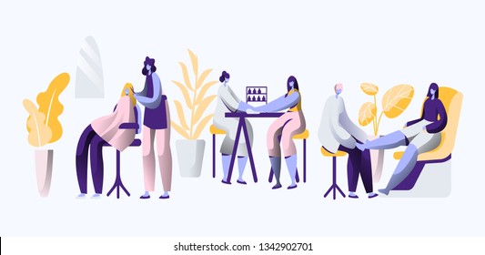 Beauty Luxury Salon. Professional Stylist make Fingernail and Hair Fashionable, Elegance and Beautiful for Woman. Cosmetic Procedure, Haircutting and Pedicure. Flat Cartoon Vector Illustration