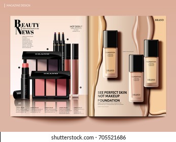 Beauty magazine design, foundation with creamy liquid and eyeshadow set in 3d illustration, magazine or catalog brochure template for design uses