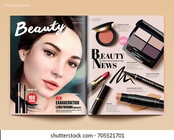 Beauty magazine design, set of makeup products mockup with charming model portrait in 3d illustration, magazine or catalog brochure template for design uses