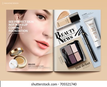 Beauty magazine design, set of makeup products mockup with charming model portrait in 3d illustration, magazine or catalog brochure template for design uses
