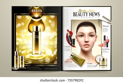 Beauty magazine template, beautiful model with hot sale products and golden essence bottle isolated on bokeh glittering background in 3d illustration