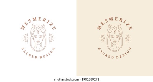 Beauty magic female portrait logo emblem design template vector illustration in minimal line art style. Linear woman face silhouette for esoteric logotype or celestial brand insignia