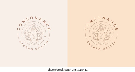 Beauty magic female portrait logo emblem design template vector illustration in minimal line art style. Linear woman face silhouette for esoteric logotype or celestial brand insignia