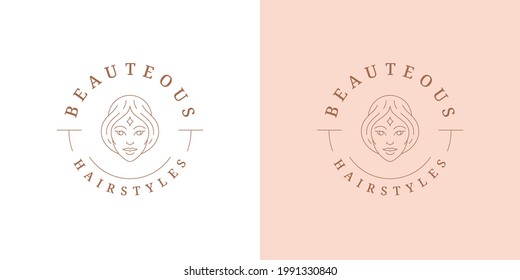 Beauty magic female portrait logo emblem design template vector illustration in minimal line art style. Linear woman face silhouette for esoteric logotype or celestial brand insignia