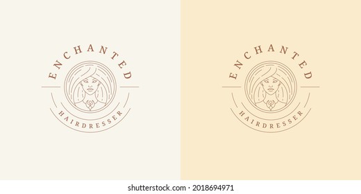 Beauty magic female portrait logo emblem design template vector illustration in minimal line art style. Linear woman face silhouette for esoteric logotype or celestial brand insignia