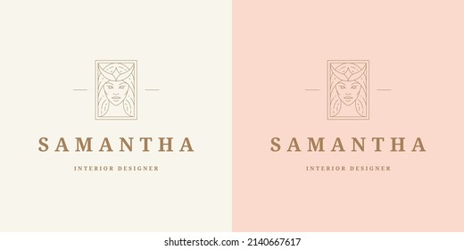Beauty magic female portrait logo emblem design template vector illustration in minimal line art style. Linear woman face silhouette for esoteric logotype or witchcraft brand insignia