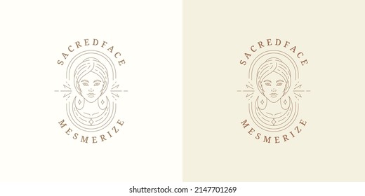 Beauty magic female portrait logo emblem design template vector illustration in minimal line art style. Linear woman face silhouette for esoteric logotype or witchcraft brand insignia