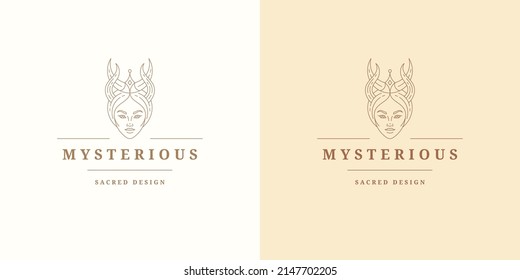 Beauty magic female portrait logo emblem design template vector illustration in minimal line art style. Linear woman face silhouette for esoteric logotype or witchcraft brand insignia