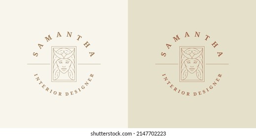 Beauty magic female portrait logo emblem design template vector illustration in minimal line art style. Linear woman face silhouette for esoteric logotype or witchcraft brand insignia