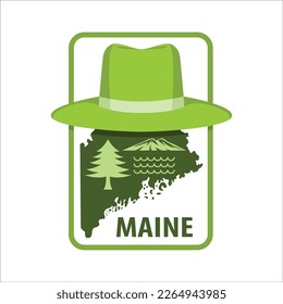 beauty of Maine the landscape and the wildlife Pine trees Maine’s coastline and mountains a hat and outline of the state vector illustration