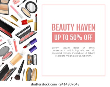 Beauty Make Up Banner Design with Cosmetics Product Vector Template