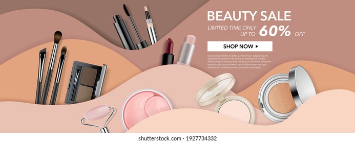 Beauty Make Up Banner Template. Cosmetic Products On Wavy Background In Nude Skin Tone Colours. Advertising Poster Design For Beauty Store, Blog, Offers And Promotion. Vector Illustration.