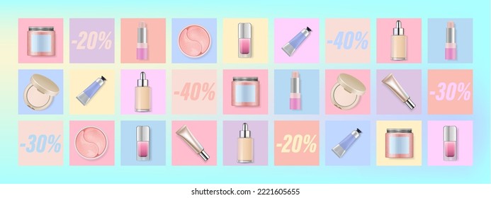Beauty make up banner template  Cosmetic products packaging square background in soft rainbow colours  Advertising poster design for beauty store  blog  offers   promotion  Vector illustration 