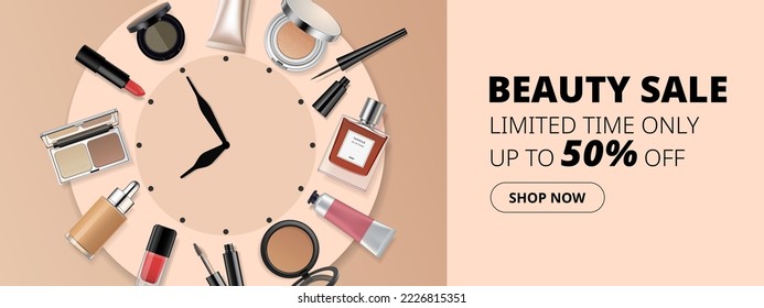 La belleza maquillada plantilla de banner. Los productos cosméticos del reloj tienen un fondo beige. Diseño de afiches publicitarios para tienda de belleza, blog, ofertas y promoción. Ilustración vectorial realista.