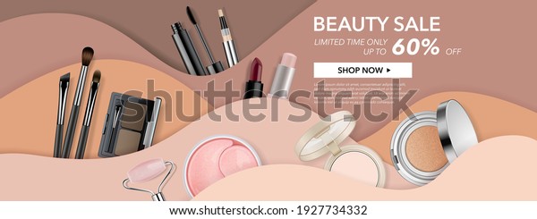 Beauty\
make up banner template. Cosmetic products on wavy background in\
nude skin tone colours. Advertising poster design for beauty store,\
blog, offers and promotion. Vector\
illustration.