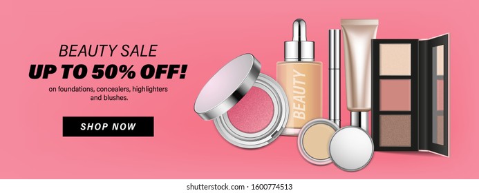 Beauty make up banner template. Face cosmetic products on pink background. Advertising poster design for beauty store, blog, magazine, offers and promotion. Vector illustration.