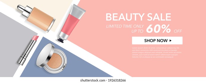 Beauty make up banner template  Face cosmetic isolated products pastel geometric background  Advertising poster design for online store  blog  sale  offers   promotion  Vector illustration 