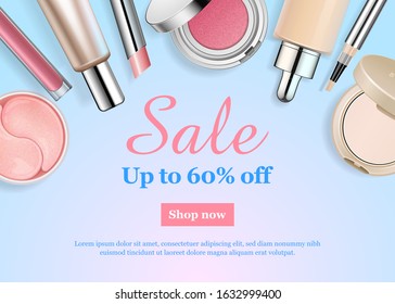 Beauty make up banner template. Flat lay with isolated cosmetic products on blue pink background. Advertising poster design for beauty store, blog, magazine, offers and promotion. Vector illustration.