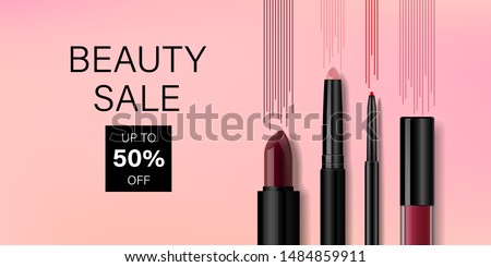 Beauty make up banner template. Lip cosmetic products with decorative lines on pink background. Advertising poster design for beauty store, blog, magazine, offers and promotion. Vector illustration.