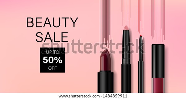 Beauty make up banner template. Lip\
cosmetic products with decorative lines on pink background.\
Advertising poster design for beauty store, blog, magazine, offers\
and promotion. Vector\
illustration.
