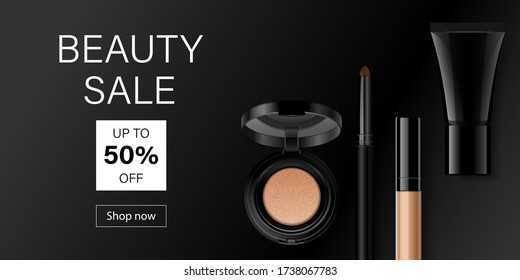 Beauty make up banner template. Skin cosmetic products in black cases on black background. Minimalist trendy advertising poster design for beauty store and promotion. Vector illustration.