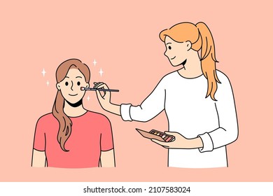 Beauty and make up concept. Young smiling woman artist doing make up working with skin of girl client sitting and waiting for perfect face vector illustration 