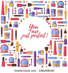 Beauty make up cosmetics flat modern cute trendy colorful vector icons round frame design