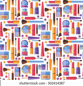 Beauty make up cosmetics flat modern cute trendy colorful seamless vector pattern white background with cosmetics icons