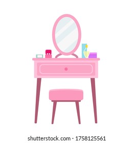 Beauty make up dressing table with cosmetics and accessories in flat style. Vector illustration isolated on white background