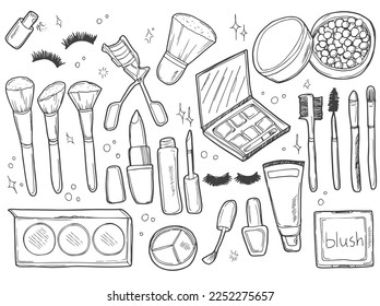 Beauty Make up Fashion Girl Day Doodle Icons Hand Made vector illustration sketch.