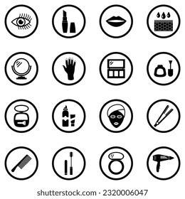 Beauty and Make Up Icons. Black Flat Design In Circle. Vector Illustration.